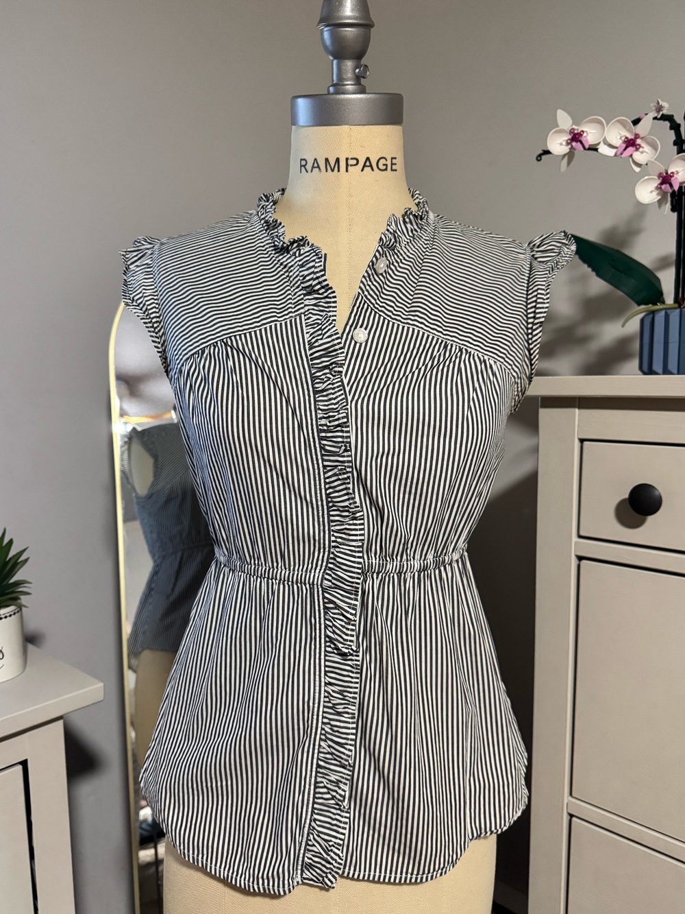 Anthropologie Odille‎ Navy Stripe Ruffle Peplum Cotton Blouse Size 6